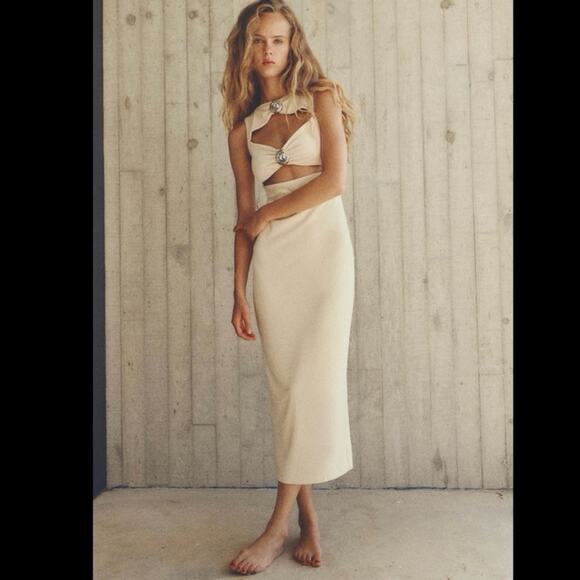 Zara Dresses & Skirts - Zara Cream Midi Cutout Dress, Silver Metal Conch Shell Detailing, Size Small